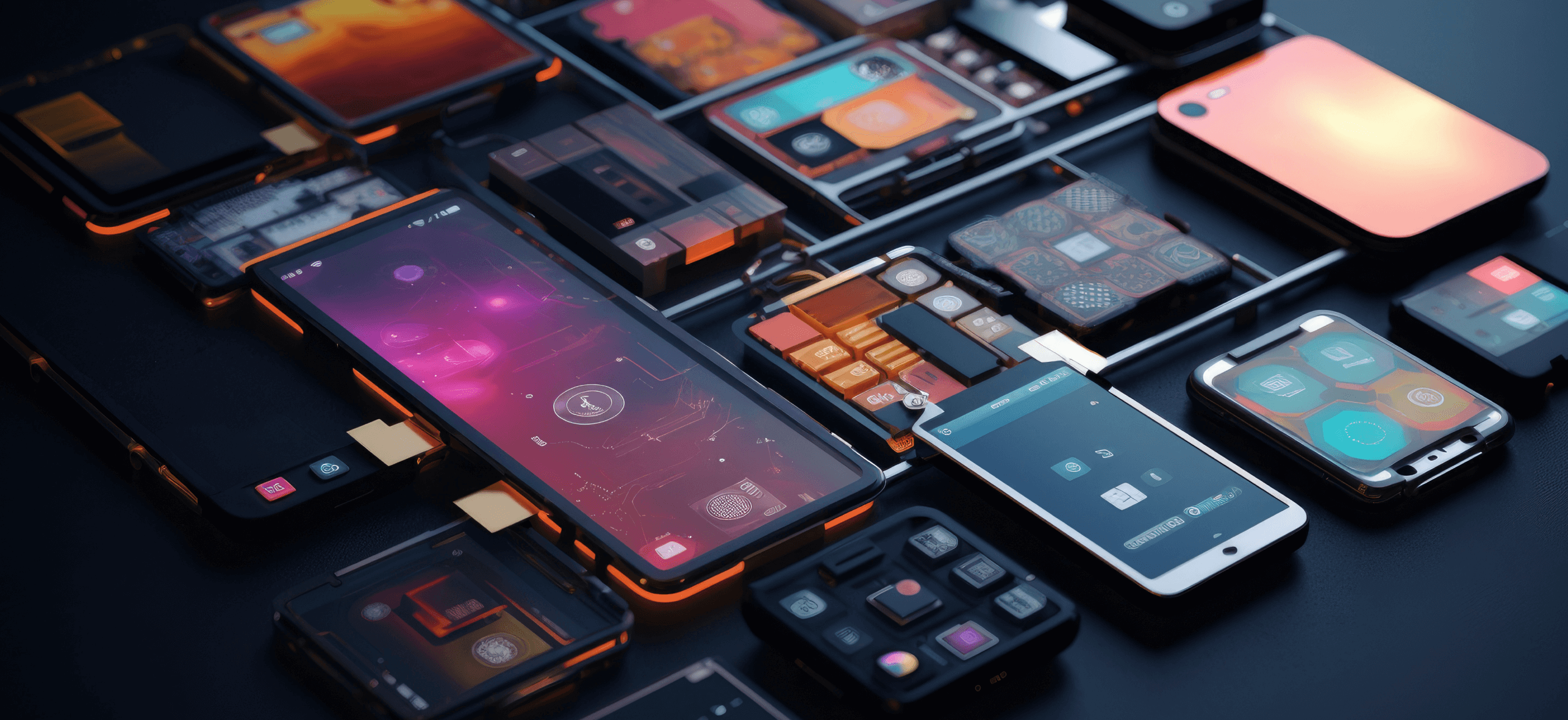Smartphones showing colorful app interfaces